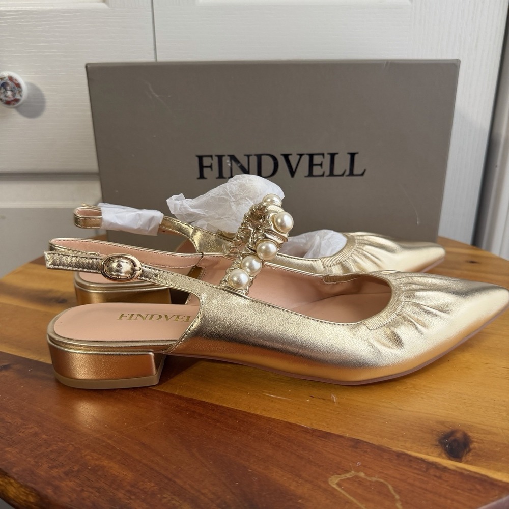 Findvell Gold Pointed Toe Faux Pearl Accent Slingback Shoes Women's Size 8.5 NEW